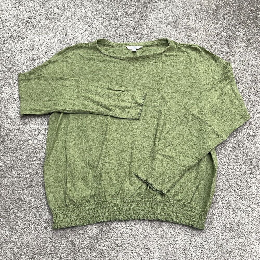 Time And Tru Knitted Smocked Blouse Womens Large Apple Green Stretch Long Sleeve